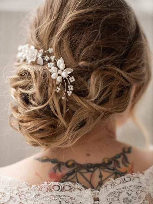 Unicra Bridal Flower Hair Pins, Wedding Pearl Hair Piece Crystal Accessories for Women and Girls (Pack of 3) (A-Silver)