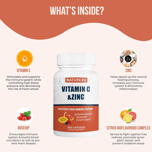 Vitamin C 1000mg with Zinc, Rose Hips & Citrus Bioflavonoids, Immune Support Antioxidant Supplement, 300 Capsules