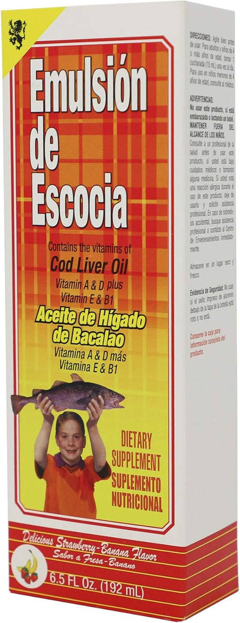 EMULSION DE ESCOCIA Cod Liver Oil Liquid, Strawberry-Banana Flavor, 2 Pack (6.5 fl oz Each), with Vitamins A, D, E & B1