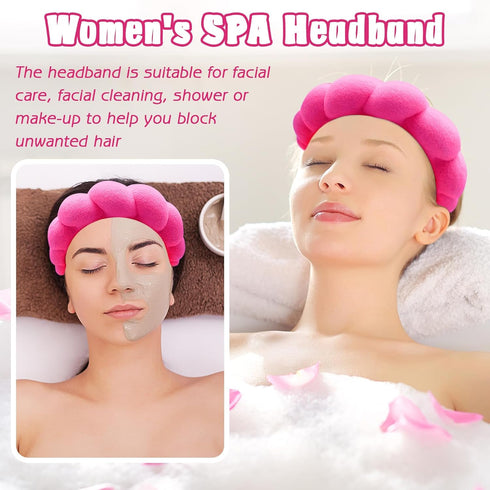 Spa Headband & Wristband Set for Washing Face - Soft Terry Cloth Bubble Hairband for Women, Hot Pink