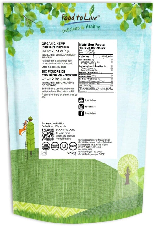 Food to Live Organic Hemp Protein Powder, 2 Pounds — 50% Protein, Non-GMO, Vegan Superfood