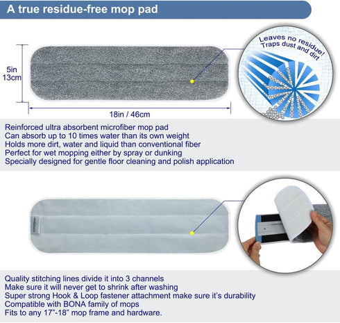 Replacement Microfiber Mop Pads, 4 Pack 18''x5'' Wet Dry Floor Cleaning Pad Compatible with Bona Floor Care System