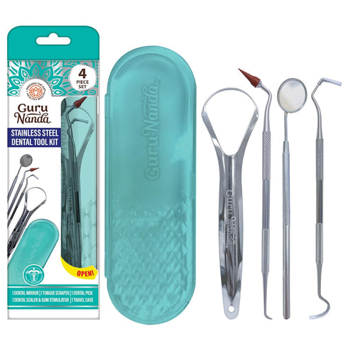 GuruNanda Professional Stainless Steel Dental Kit with Tongue Scraper, 4 Piece Set