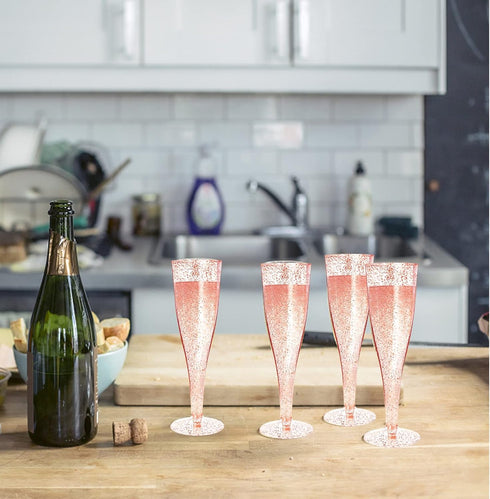 Disposable Champagne Flutes - 6PC Rose Gold Glitter Plastic Glasses for Parties, 6.5 OZ Capacity