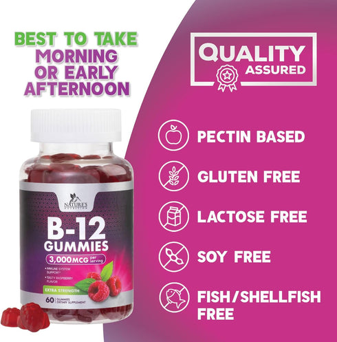 B12 Gummies for Adults, Extra Strength Energy 3000 mcg, Chewable Dietary Supplement for Metabolism & Immune Support