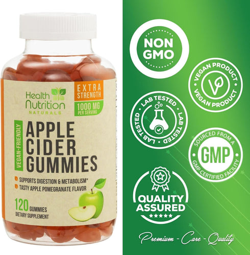 Vegan Apple Cider Vinegar Gummies, 120 Gummies, Max Strength 1000mg, Supports Digestion, Gluten Free