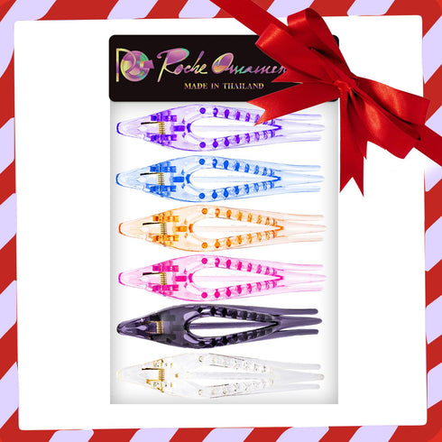 RC ROCHE ORNAMENT 6 Pcs Womens Thin Curved Eyelet Side Slide No Slip Hair Clip, Medium Transparent Multicolor Beauty