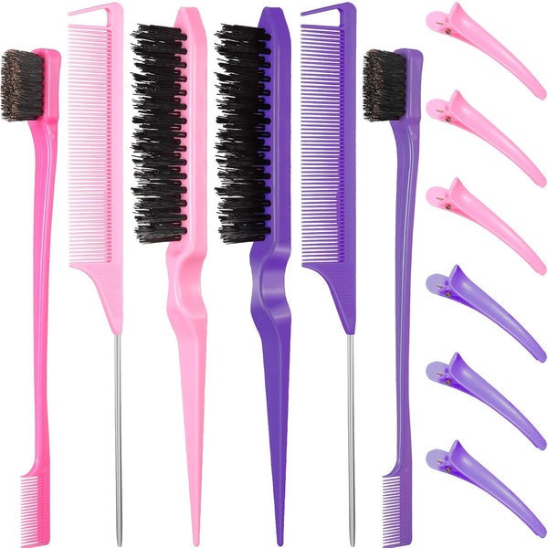 12 Pieces Hair Brush Set, Nylon Teasing Brushes and Combs for Women Girls (Pink, Purple)
