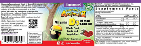 Bluebonnet Nutrition Rainforest Animalz Vitamin D3 400 IU Chewable Tablet, Soy, Dairy & Gluten-Free, Non-GMO, Kosher Certified, Vegetarian Friendly, Natural Mixed Berry Flavor, 90 Count