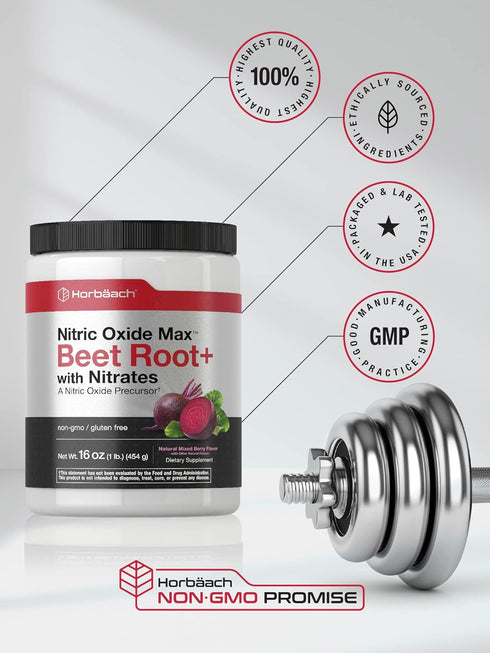 Horbaeach Nitric Oxide Beet Root Powder, 16 oz (454g), Mixed Berry Flavor, Vegan, Non-GMO, Gluten Free Supplement