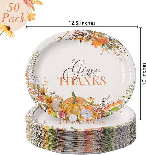 Tyzarglef 50Pcs Plates12.5"x10"Large Heavy Duty Thanksgiving Oval Paper Oval Disposable Dinner Platters, Pumpkin Autumn