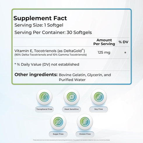 Eannatto Tocotrienols Deltagold Vitamin E Supplements Softgels, Tocopherol Free, Supports Immune Health, NON-GMO, Gluten Free & Antioxidant (125 MG 30 Softgels).