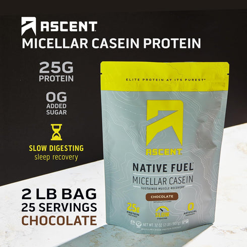 Ascent Casein Protein Powder - 25g Micellar Casein, Gluten-Free, No Added Sugar, Chocolate, 2 Pounds