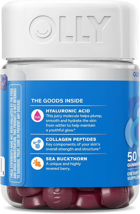 Gummy, 25 50 Count OLLY Glowing Skin Hydrated & Youthful Skin,* Hyaluronic Acid, Collagen Peptides, Sea Buckthorn
