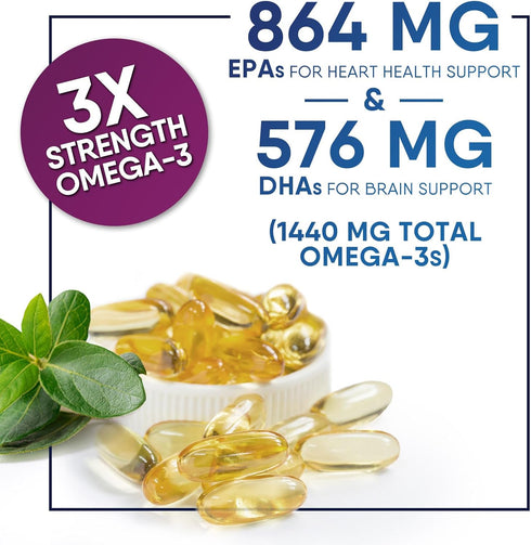 Fish Oil 2400 mg Triple Strength Omega-3 Supplement - Natural Support for Immune, Heart & Brain Health - Wild Caught,