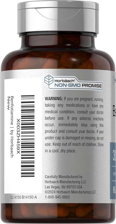 Horbaach Benfotiamine 300mg, 60 Capsules - Non-GMO, Gluten Free Supplement