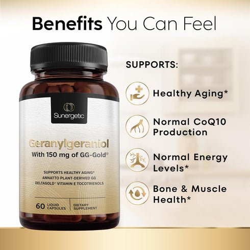 Sunergetic Premium Geranylgeraniol Supplement - GG-Gold 150mg with Vitamin E Tocotrienols - 60 Capsules