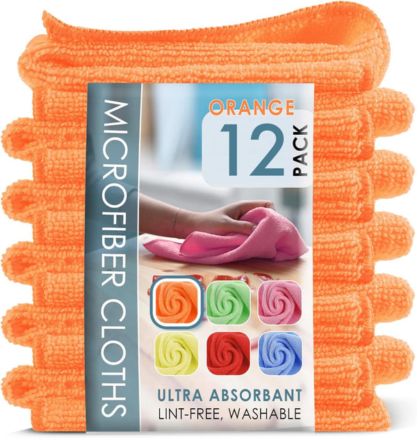 Hearth & Harbor Microfiber Cleaning Cloth, 12 Pack Washcloths, Orange Reusable Microfiber Towels for Cars