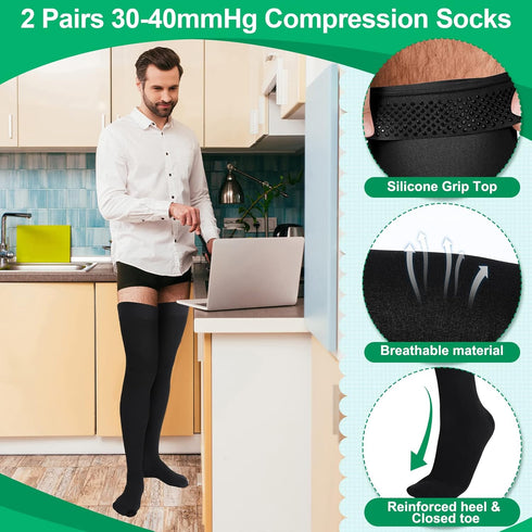 Supervitae 2 30-40 mmhg Pairs Thigh High Compression Socks for Men and Women Compression Stockings Closed Toe Thigh