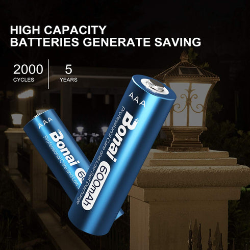 BONAI Solar AAA Rechargeable Batteries, 20 Packs, 1.2V 600mAh NiMH for Solar Garden Lights