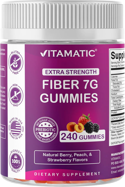 Vitamatic Prebiotic Fiber Gummies for Adults, 7G Extra Strength, Zero Sugar Added,