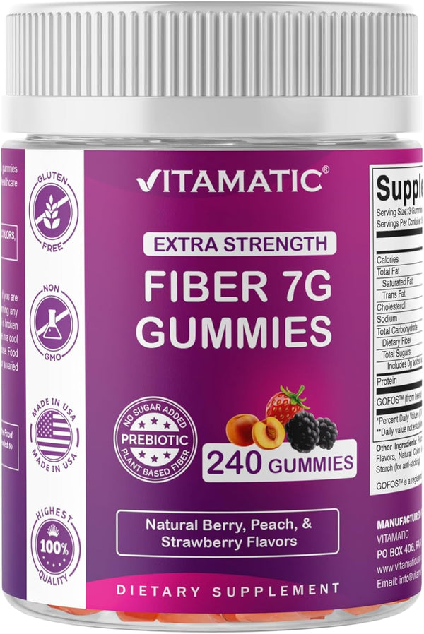 Vitamatic Prebiotic Fiber Gummies for Adults, 7G Extra Strength, Zero Sugar Added,
