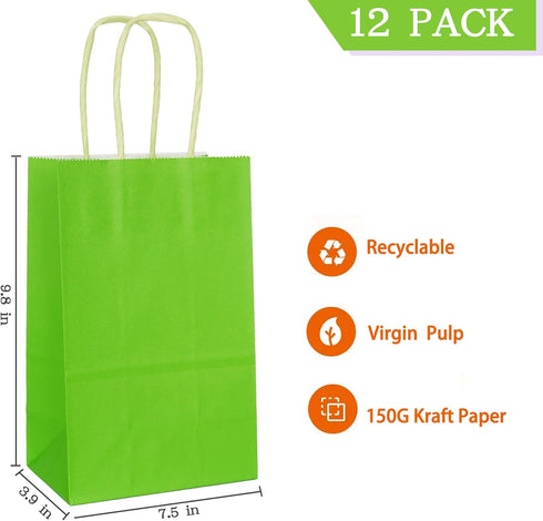 AZOWA Medium Gift Bags Light Green Kraft Paper Bags with Handles, 12 CT (7.5 x 3.9 x 9.8 in)