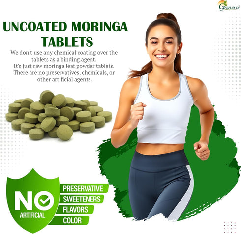 Grenera Moringa Tablets 240 nos, Uncoated Herbal Supplement, Green Superfood, Lab Tested for Purity