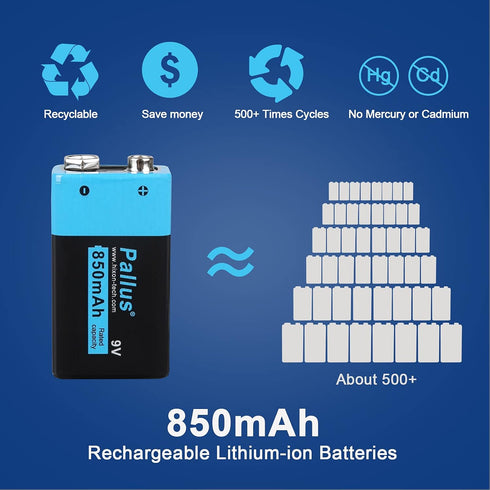 Pallus 9V 850mAh 9V Charger,6F22 Detectors,Toys,Flashlights4Pack Rechargeable Battery, Lithium-Ion Rechargeable