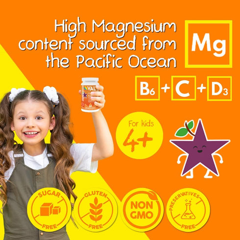 VAL Chewable Magnesium for Kids, Relaxation & Calm Formula, Glycinate, Citrate, Taurate, Vitamin B6, D, C, 60 Tablets