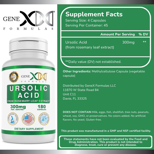 GENEX Ursolic Acid 300mg (180 Capsules) Ursolic Acid Sourced from Rosemary Extract - Non-GMO, Gluten Free, Vegetarian…