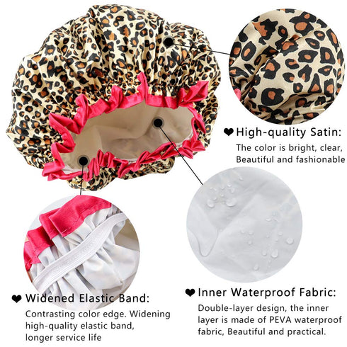 TCOTBE 4 Pieces Shower Cap for Women, Reusable Elastic Bath Caps with Double Waterproof Layers