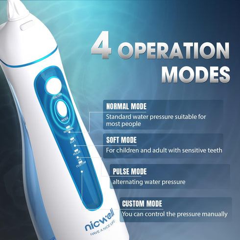 Water Dental Flosser Cordless for Teeth - Nicwell 4 Modes Oral Irrigator, Portable, Rechargeable, IPX7 Waterproof