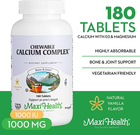 Maxi Health Chewable Calcium Complex - 1000 mg Calcium with Vitamin D3 (1000 IU) & Magnesium (400 mg) - 180 Count Chews