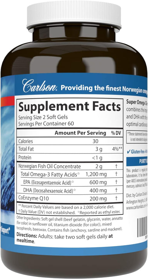 Carlson Super Omega-3 Gems + CoQ10 - 120 Softgels - 1200 mg Omega-3s, 200 mg CoQ10 - Circulation Function & Energy