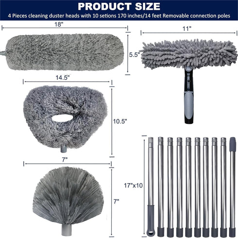 4 Pack 20+ Feet High Reach Dusting Kit with 3-14 ft Spliceable Pole //2 in 1 Window Cleaning Kit // High Ceiling Duster // Cobweb Microfiber Duster // Ceiling Fan Duster Cleaning Kit for Home Clean by M-jump