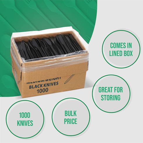 1,000 Plastic Disposable Knives Bulk Black Medium Weight Disposable Plastic Cutlery Knife