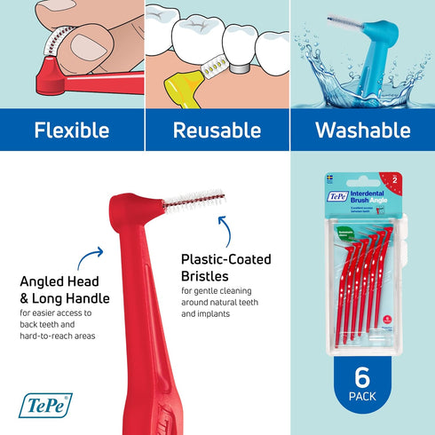 TEPE Interdental Brush Angle, Pack of 6, 0.5 mm, Extra-Small/Small Gaps, Red, Size 2