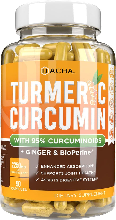 DACHA Turmeric Curcumin Supplement, 2250mg, Joint Support with Black Pepper Ginger, 95% Curcuminoids Capsules