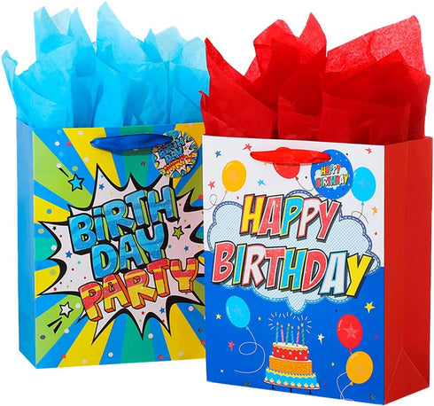 Vammy 13" Large Birthday Gift Bag with Tissue Paper, 2 Pack Paper Gift Bags for Fireworks Birthday Party, Colorful Cake