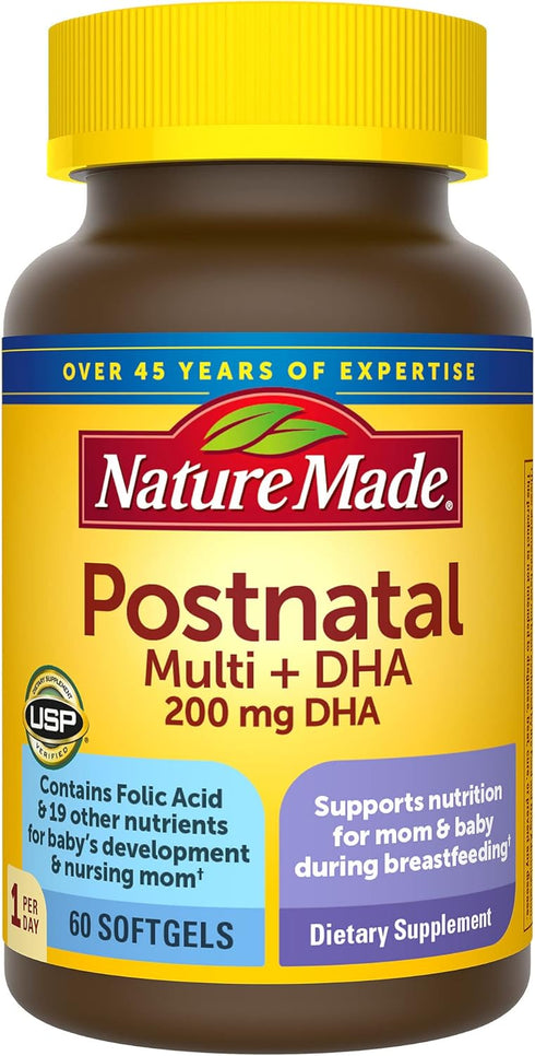 Nature Made Postnatal Multivitamin + DHA 200 mg, 60 Softgels - Vitamins & Nutrients for Breastfeeding Moms & Babies,