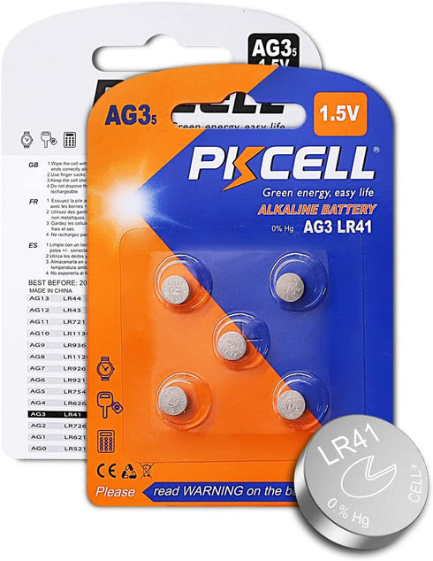 PKCELL AG3 1.5V Battery LR41 392 384 192 Button Alkaline Cell, 5 Count
