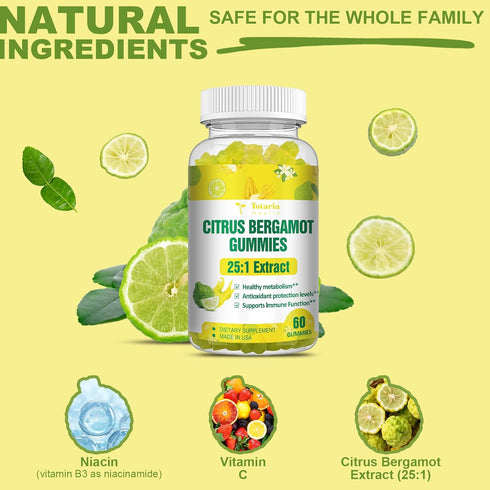 Citrus Bergamot Gummies for Healthy Cholesterol - All Natural Supplements 25:1 Extract from Italy Bergamot Supplement for Immune Support Healthy Aging Sugar-Free Vegan 60 Counts