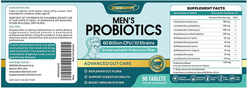 ZEBORA Probiotics for Men - 90 Tablets, 60 Billion CFUs for Immune and Gut Health, 10 Strains, Hypoallergenic, Gluten &