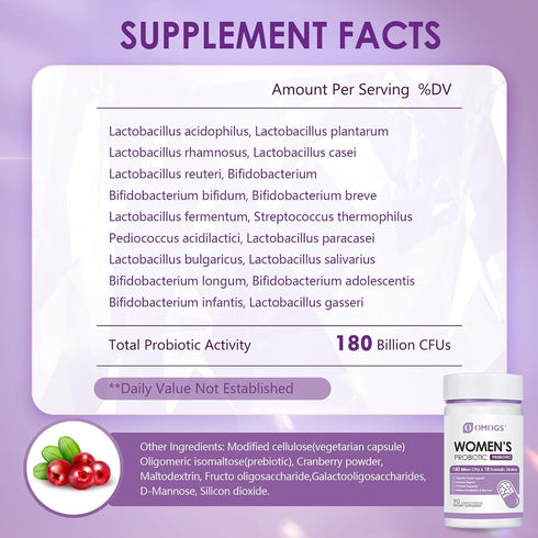 Women's Probiotic 180 Billion CFUs, 18 Strains, with Organic Prebiotics+Cranberry Extract & D-Mannose, for Digestive, Boost Immune, Women's Health & Urinary Tract Health, 90 Vegetarian Capsules