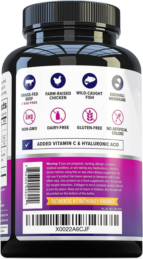 Vitauthority Multi Collagen Pills for Women and Men, High Absorption Hydrolyzed Collagen Peptides Capsules