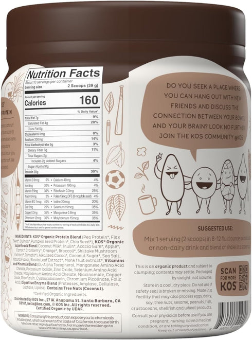 KOS Vegan Protein Powder, Chocolate USDA Organic - Low Carb Pea Protein Blend, 10 Servings