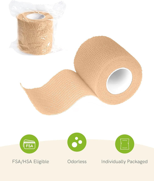 FriCARE Self Adhesive Bandage Wrap, Medical Tape, 2 Inches x 5 Yards, 6 Rolls, Tan, FSA/HSA Eligible