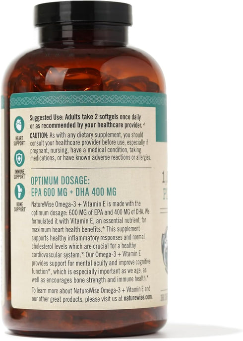 NatureWise Extra-Strength Omega 3 Fish Oil Supplement - 1000mg, 600 EPA & 400 DHA, Vitamin E - 360 Softgels, Lemon