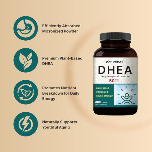 NatureBell DHEA 50mg | 300 Capsules | Plant-Based DHEA Source for Energy Levels & Healthy Aging